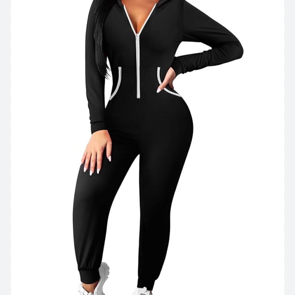 Ekouaer XL Hooded Jumpsuit ZipUp Black Onesie Sleepwear Pajama Loungewear